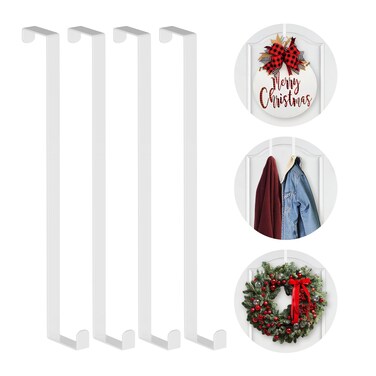 Booda Brand 14 Inches Over The Door Hooks, 4 Pack Widen Wreath Hangers Fit The 1-3/4" &amp; 1-3/8" Door Widths, Z-Shaped Sturdy Door Hanger Hooks for Hanging Wreaths, Hats,and Clothes (White-4Pack)