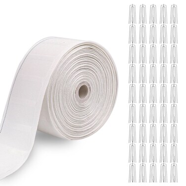 Curtain Pleat Tape, 15 Meters/16 Yards Drapery Tape with 45 PCS Curtain Pleat Hooks for DIY Pinch Pleat Tape Curtain
