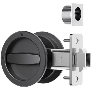 AST Round Pocket Door Lock with Edge Pull, Sturdy Privacy Bifold and Cavity Sliding Door Lock with Flush Pull, Replacement Hardware with Latch, Made of Zinc Alloy, Matte Black