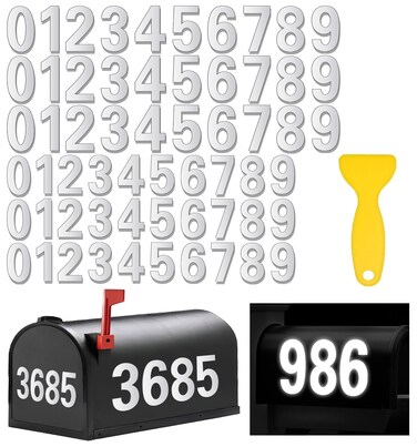 Reflective Mailbox Numbers for Outside - 60 Pcs Waterproof Mailbox Numbers Stickers, Large 3 Inch 2 Inch Self Adhesive 0-9 Vinyl Number for Mailbox, Door, Garbage Bins, Address Number (White)