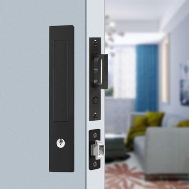Pocket Door Lock with Keys Edge Pull, Hidden Sliding Door Handles, Pocket Door Hardware Fit Pocket Door, Sliding Door,Bathroom,Bedroom Etc (Black, with Keys)
