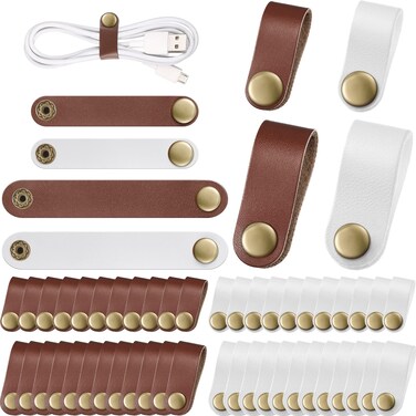 52 Pieces PU Leather Cable Straps, Earbud Cord Organizer, PU Leather Handmade Portable USB Cord Holder, Earphone Cable Tie Cable Management, for Travel, Home, School, Office (Beige, Chestnut Brown)