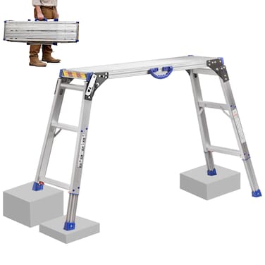 Work Platform 40"x 12"Folding 2-Steps Aluminum Step Ladder, All Legs Adjustable Height 27.5" to 37", Heavy Duty 330 Lbs Rated with Handle Easy to Carry for Washing Vehicles, DIY Decorating Home