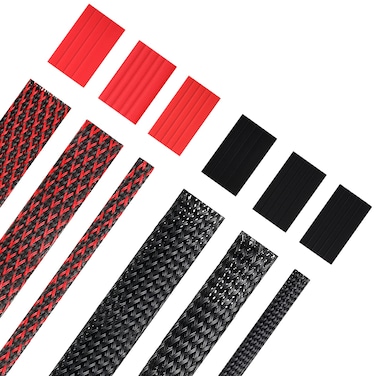 96ft Wire Loom Braided Cable Sleeve Covers Cord Management with 127 Pieces Tube Heat Shrinkable for Audio Video Cable Cord Protectors from Pets (Black and Red,1/4 Inch, 3/4 Inch, 1 Inch)
