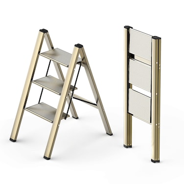 WOA WOA 3 Step Ladder, Folding Step Stool with Wide Anti-Slip Pedals, Aluminum Lightweight Ladder, Portable Stepladders for Home, Kitchen, Office 300lbs - Gold