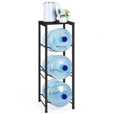 Water Bottle Holder Organizer 5 Gallon Water Jug Holder with Shelves, 3-Tier Water Bottle Dispenser Stand for Kitchen Living Room Office, Black