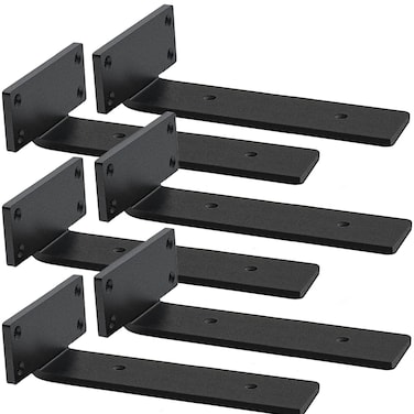 Shelf Brackets Heavy Duty Industrial L Shelf Bracket - 0.2 Inch Thick Premium Solid Steel Shelf Supports, Black Rustic Wall Brackets for Shelves - 10 Inch Floating Shelves Hardware (6Pcs)