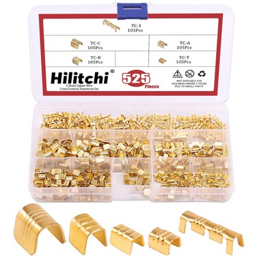 Hilitchi 525Pcs TC-1, TC-A, TC-B, TC-C, TC-T Non-Insulated U Shape Copper Ring Terminals Crimp Assortment Kit Wire Spade Electric Butt Connector