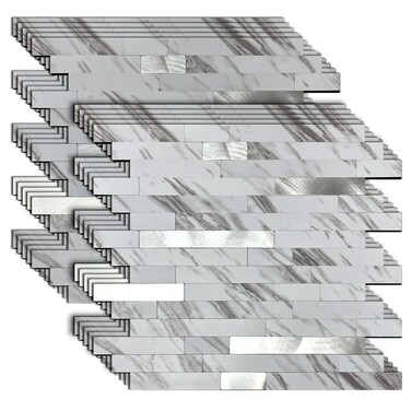 sanyeskkiy 10-Sheet Peel and Stick Backsplash Tile, PVC Mixed Meta,l Stick on Kitchen, Bathroom Vanities, Fireplace D&Atilde;&copy;cor, Laundry Table(11.2" X 12.7") (10, White Marble + Silver)