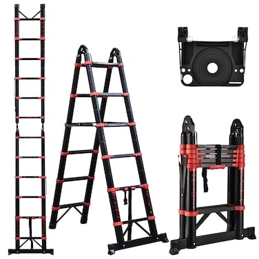 Telescoping Ladder A Frame, 12.5 Ft Compact Aluminum Extension Ladder, Portable Telescopic RV Ladder for Outdoor Camper Trips Motorhome with Tool Platform and Stabilizer Bar, 330 lb Capacity
