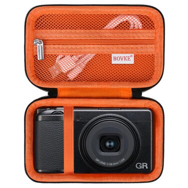 BOVKE Carrying Case Compatible with Ricoh GR IIIx HDF/GR IIIx/Ricoh GR III HDF/GR III Digital Camera, Extra Mesh Pocket for Charging Cables and Accessories, Black+Orange