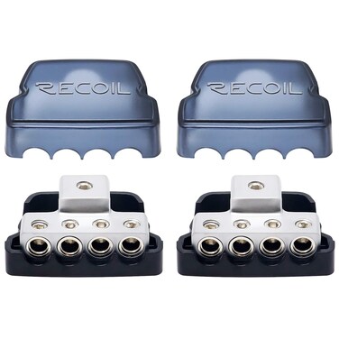 RECOIL DB14P 4 Way Power Distribution Block, 1 X 0/2/4 Gauge in / 4 X 4/8 Gauge Out Power Distribution Ground Distributor Block for Car Audio Amplifier Splitter 2 Pack