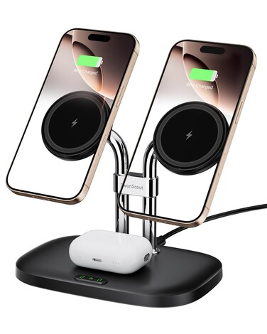 SwanScout Wireless Charger for iPhone 16 15, SwanScout 706M, Dual Magnetic Charger for iPhone 14/13/12 Series, Charging Station for AirPods Pro 2, AirPods 4/3rd (Black)