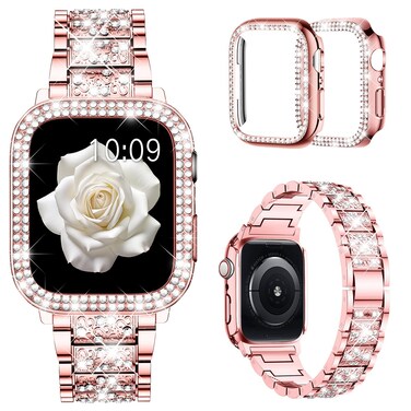Mosonio Compatible with Apple Watch Band Series 9/8/7 45mm with Case Women, Jewelry Replacement Metal Wristband Strap with 2 Pack Bling PC Protective Cover for iWatch Series 9/8/7 45mm(Pink)
