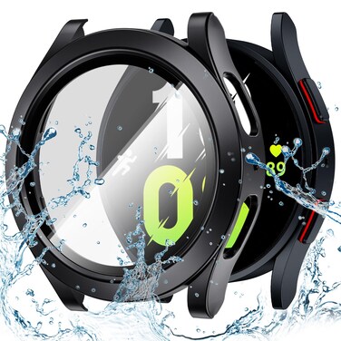 Goton Waterproof Case for Galaxy Watch 5 &amp; 4 Screen Protector 44mm, [No Fog] Tempered Glass Face Cover for Samsung Watch 5/4 Accessories 44 mm Black