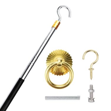 Ladder Pull Down System Kit - Attic Pull System Hook Set Replacement for Cord Ropes with 60 Inch Extension Pole and Copper Storage Hook Handle Parts Tool