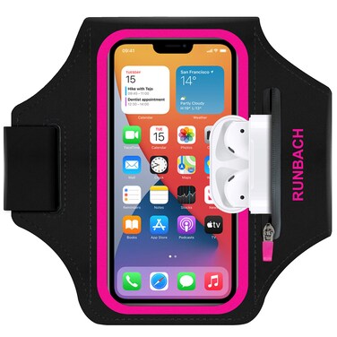 RUNBACH Armband for iPhone 16 Pro Max/16 Plus/15 Pro Max/15 Plus/iPhone 14 Pro Max/14 Plus/13,12,11 Pro Max/XS Max,Water Resistant Sport Armband with Zipper Slot for Airpods and Keys (Pink)