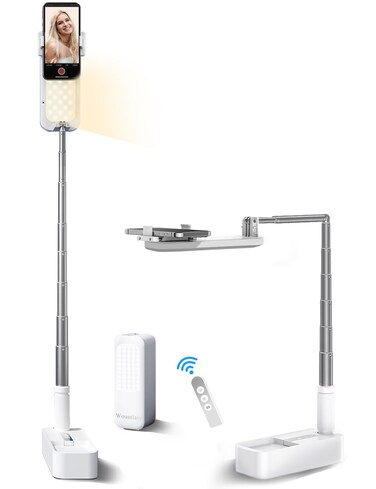 Woumlaiy Selfie Stand with 360&Acirc;&deg; Rotates Phone Holder, Foldable/Rechargeable/Wireless/Overhead Recording with 1000mah Battery for Live Stream/Make up/YouTube/Tiktok/Vlog, 7 Brightness LED Light(White)