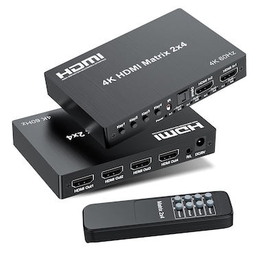 4K 2x4 HDMI Matrix Switch, 2 in 4 Out Matrix HDMI 2.0 Video Switcher Splitter, Optical &amp; 3.5mm Audio Output, Support 4K 60Hz HDR HDCP2.2, 18Gbps, with IR Remote Control for NS PS5 Fire Stick etc