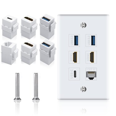Poyiccot Outlet Wall Plate for HDMI Ethernet &amp; USB 3.0 &amp; USB C, 6Port 2x HDMI HDTV + 2x USB 3.0 +1x Cat6 RJ45 Ethernet + 1x USB C Keystone Wall Plate for Cable Wall Plate Cover, White
