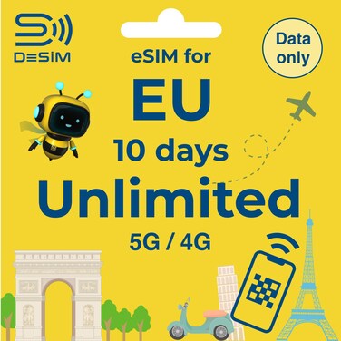 DeSiM Europe eSIM 10 Days Unlimited   Data ONLY   High-Speed Unlimited Data&iuml;&frac14;&circ;10Days&iuml;&frac14;&permil; Use in France, UK, Italy &amp;37Countries, QR Cord Easy Activation, Tethering, No Voice/SMS,for Europe Travel