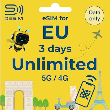 DeSiM Europe eSIM 3 Days Unlimited   Data ONLY   High-Speed Unlimited Data&iuml;&frac14;&circ;3Days&iuml;&frac14;&permil; Use in France, UK, Italy &amp;37Countries, QR Cord Easy Activation, Tethering, No Voice/SMS,for Europe Travel