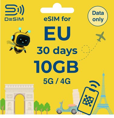 DeSiM Europe eSIM 30 Days 10GB   Data ONLY   High-Speed 10GB Data&iuml;&frac14;&circ;30Days&iuml;&frac14;&permil; Use in France, UK, Italy &amp;37Countries, QR Cord Easy Activation, Tethering, No Voice/SMS,for Europe Travel
