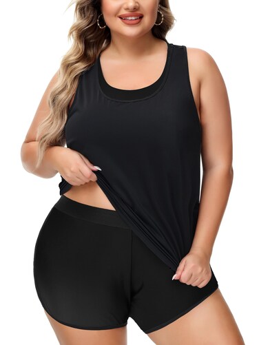 Women's Plus Size Swimsuits 3 Piece Bathing Suit Tops with Sports Bra Tummy Control Tankini Swimsuits for Women Black 22 Plus