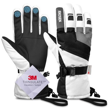 JEKOSEN Ski Gloves Mens Women Waterproof Touchscreen Snowboard Gloves Snow Cold Weather Winter Keep Warm Gloves with Anti-Lost White Large