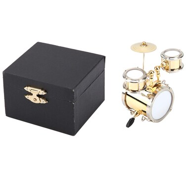 Miniature Drum Set, Mini Drum Model Brass Sculpture Musical Instrument Ornament Home Collection Display Desktop Decoration with Case for Drummer Musicians Music Studio Workshop 8.6 x 8 x 3.9cm