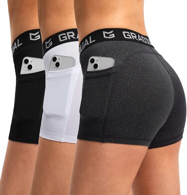 G Gradual Women's Spandex Compression Volleyball Shorts 3" /7" Workout Pro Shorts for Women (Black/White/Charcoal Pockets, Medium)