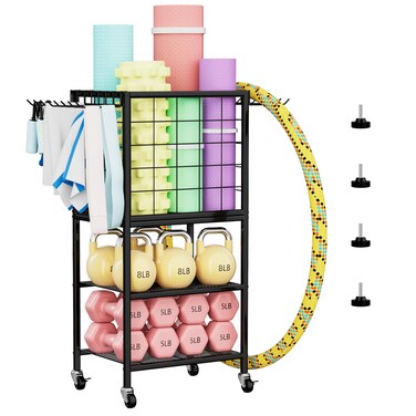 Home Gym Workout Equipment Storage, Weight Rack for Home Gym, Dumbbell Storage Rack with Wheels, Gym Equipment Storage with Hooks Yoga Mat Holder for Yoga Block, Dumbbell, Resistance Band, Black