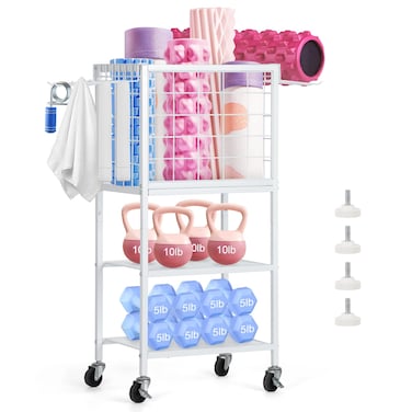 Home Gym Storage Rack, Workout Equipment Storage, Weight Rack for Dumbbells, Yoga Mat Storage Rack, Exercise Equipment Storage with Hooks Gym Organizers with Wheels for Yoga Block, Resistance Band,