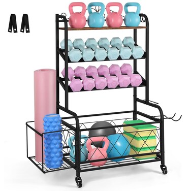 ETELI Home Gym Storage Rack Weight Holder Rack for Dumbbells Garage Sports Equipment Organizer for Yoga Mat Kettlebells and Strength Training Fitness Equipment with Hooks, Wheels