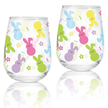 Whaline 2Pcs Easter Stemless Wine Glasses 17oz Colorful Bunny Flower Drinking Glasses Easter Rabbit Tumbler Cups for Easter Spring Party Supplies Gifts