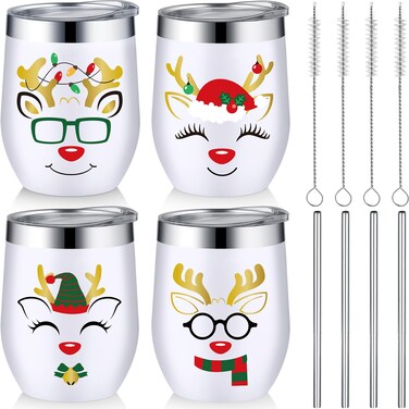 Sliner 4 Pcs Christmas Stainless Steel Wine Tumbler 12 oz Christmas Reindeer Funny Wine Tumbler Set Insulated Wine Glasses with Lid Straw and Brush Xmas Gifts Holiday Tumbler for Christmas Party