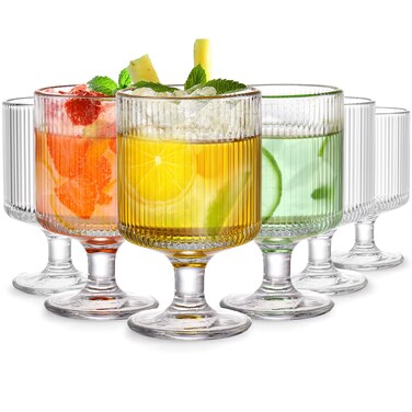 DEAYOU Set of 6 Ribbed Vintage Wine Glasses, 8 oz Clear Fluted Water Goblet Glasses, Unique Short Stem Cocktail Glasses for Iced Tea, Juice, Whiskey, Beer, Dessert, Party