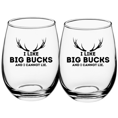 Needzo Unbreakable Plastic Stemless Wine Glasses, I Like Big Bucks and I Cannot Lie, Hunting Theme Reusable Shatterproof Cups, Gifts for Men, 16 Ounces (Pack of 2)