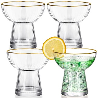 Lallisa Stemless Margarita Glasses Set of 4 Martini Champagne Glasses with Gold Rim Elegant Cocktail Glasses Ribbed Design Hand Glassware Thick Solid Clear Glass for Martini Wine Beer Drink, 10 oz
