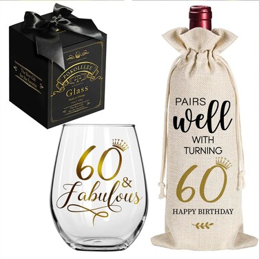 Pokolllee 60 &amp; Fabulous Wine Glass 60th Birthday Gifts for Women, Happy 60th Birthday Wine Glass, Funny 60 Fabulous Gift for Mom Friends Wife Coworker, Turning 60th Happy Birthday Wine Gifts Bag