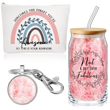 Yaomiao 3 Pcs Not A Day Over Fabulous Gifts for Women Birthday Gifts for Her, Wife, Mom, Sister, Coworkers, Grandma 16 oz Glass Cup with Lid Straw Makeup Bag Keychain Valentine's Day Female Gift, Pink