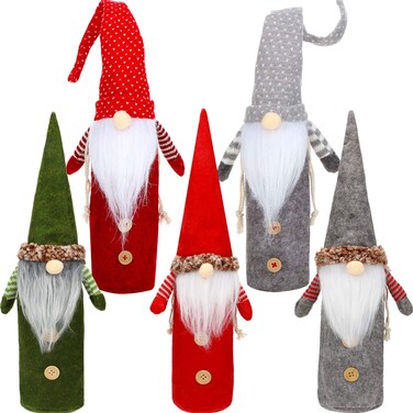 5 Pieces Xmas Gnomes Bottle Cover Christmas Wine Cover Santa Claus Bottle Bags Swedish Gnomes Bottle Topper for Home Christmas Decorations, Green Grey and Red