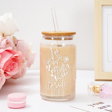 Whaline Bride Wedding Drinking Glasses 16oz Flower Glasses Cup with Bamboo Lids Glass Straw Cleaning Brushes Bride Shower Ice Coffee Cup for Cocktails Whiskey Beer Soda Wedding Gifts