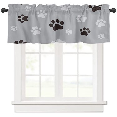 Zadaling Valance Curtain for Kitchen, Gray Black Dog Paws Footprints Window Valance for Living Room Scroll,Rod Pocket Valances for Bedroom Decor,Window Treatment Valance 1 Panel 18" x 54