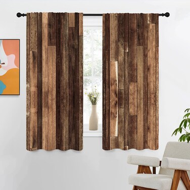 Rustic Wooden Curtains 42" W x 63" L Brown Barn Door Wood Board Western Vintage Farmhouse Country Dark Living Room Bedroom Window Drapes Treatment Fabric 1 Pair