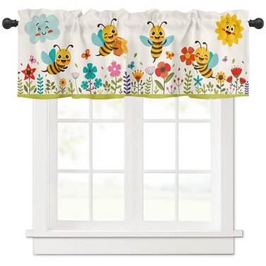 Homechoid Children's Day Curtain Valance for Windows/Living Room/Kitchen/Bathroom/Farmhouse, Kid's Cartoon Sun Flower Bee Leaves Short Rod Pocket Tier Curtain Window Treatment, 1 Panel 54x18
