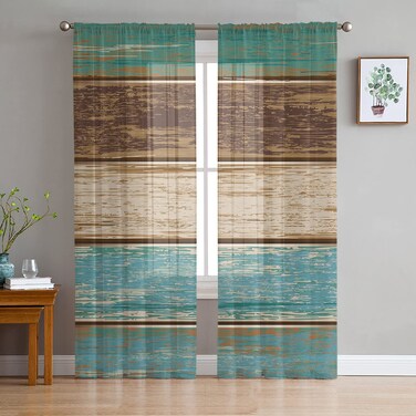 Onekaccu Teal Sheer Curtains 63 Inch Length 2 Panels Set, Turquoise and Brown Kitchen Rod Pocket Semi Drapes for Bedroom Living Room, Voile Window Treatment Farmhouse Curtain Wooden Grain Decor
