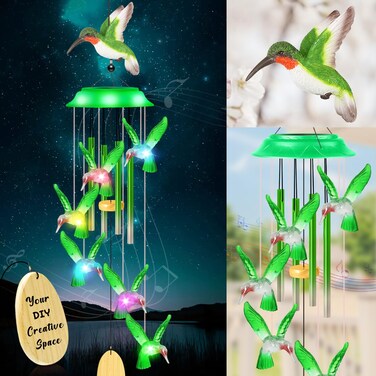 Wind Chimes,Hummingbird Solar Wind Chimes for Outside,Green Gradient Aluminum Tubes Memorial Wind Bell with LED Light Cover for Garden Patio Decor for Women Mom Grandma Wife Neighbors