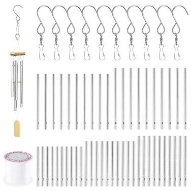 Swpeet 61Pcs Wind Chime Tubes Parts and 100 Yard Wind Chime Wire with Swivel Hooks Clips Making Kit, Wind Chime Supply Wind Chime Part Wind Chime Kit for Crafts DIY Hanging Wind Chimes Ornament