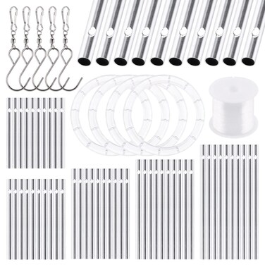 Glarks 60Pcs Wind Chime Kit Including 50Pcs 11.5cm 10cm 9cm 8cm 7cm Wind Chime Tubes and 5Pcs Swivel Hooks Clips with 100m Wind Chime Wire and 5Pcs Wind Chime Top Circles for Home Garden Decorations